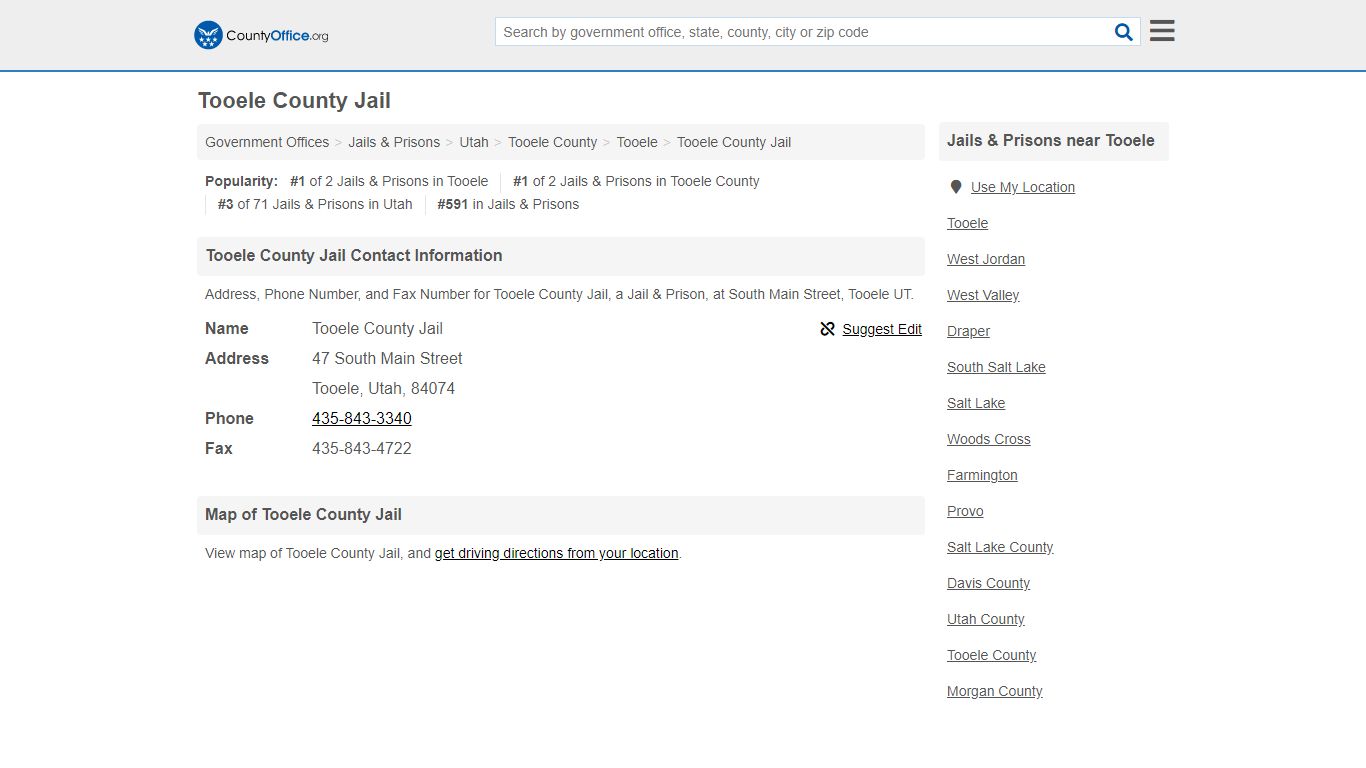 Tooele County Jail - Tooele, UT (Address, Phone, and Fax)